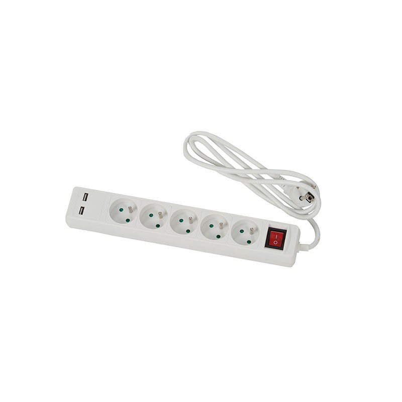 BLOC 5 PRISES + 2 PRISES USB BLANC AVEC INTERRUPTEUR - 1,5M CABLE